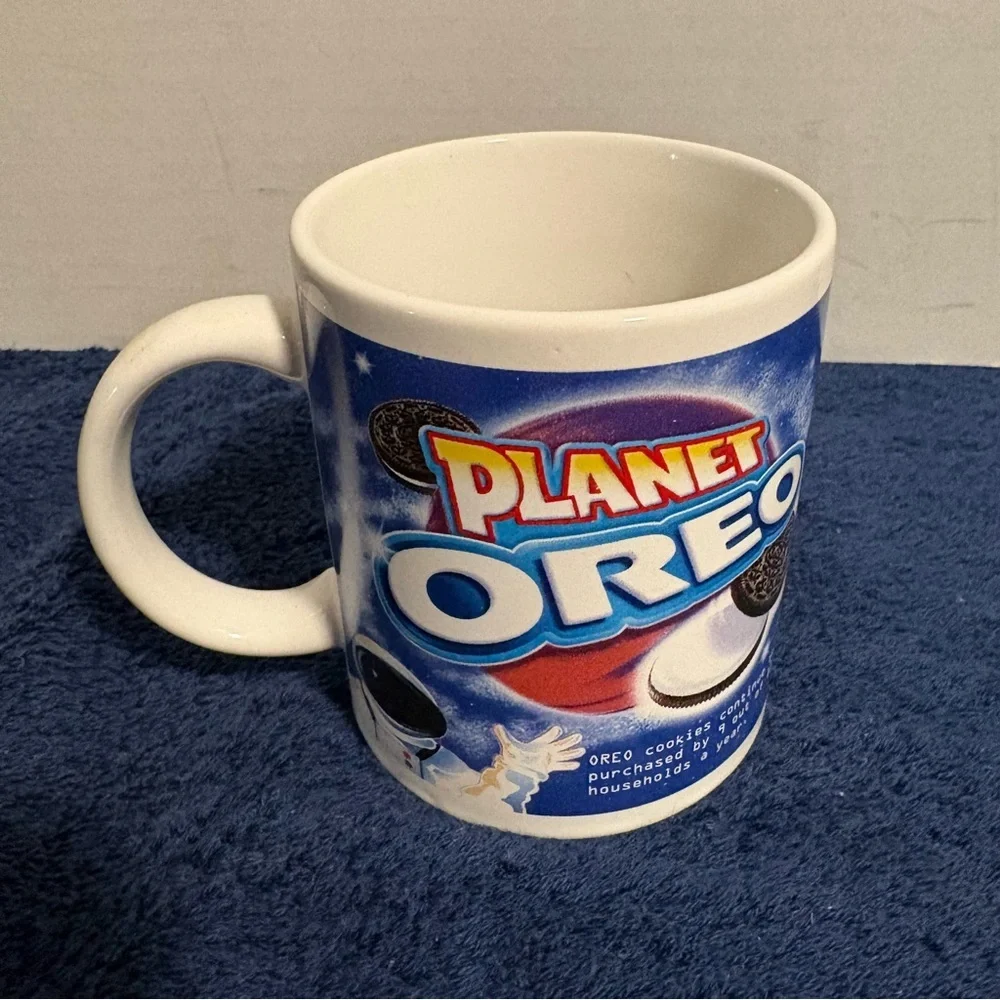 Vtg Planet Oreo Coffee Mug Cup Fun Cookie Facts Blue Space Theme Astronaut Alien